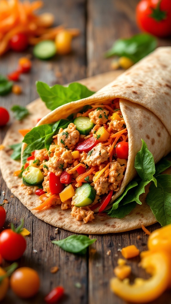 Spicy tuna wrap with colorful veggies, served on a wooden table, ideal for healthy lunch.